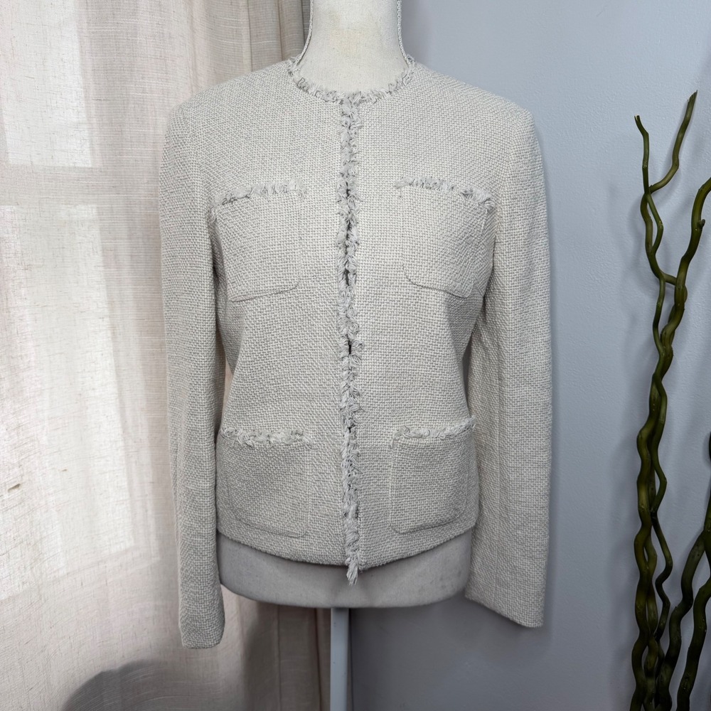 J.McLaughlin Martha Tweed Blazer Jacket Fringe Trim Textured Cream Women Size XS